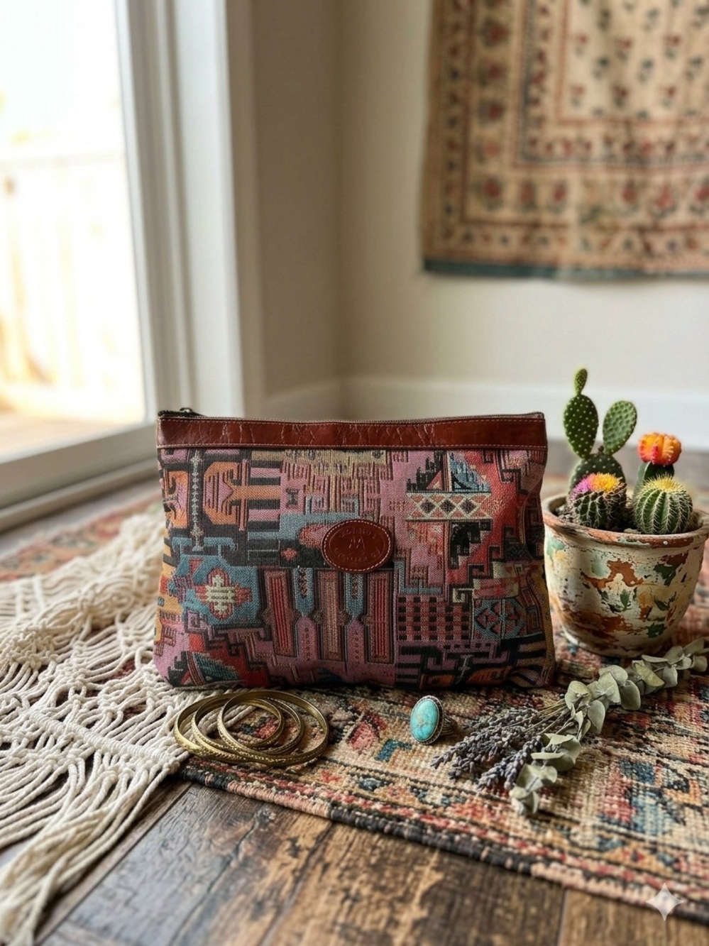 Vintage Antoli Southwestern Woven Tapestry Genuine Leather Zipper Clutch
